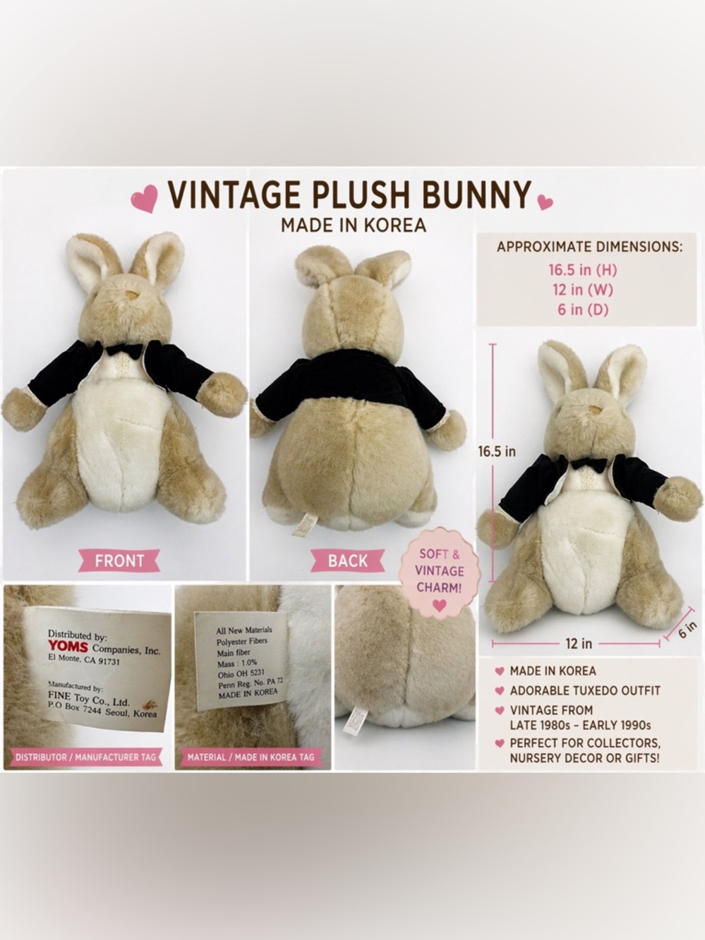 Vintage Plush Bunny Rabbit Toy Korea Yoms Stuffed Animal Tuxedo 16.5 in
